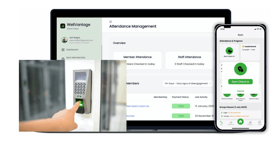 Biometric access control and attendance tracking in WellVantage