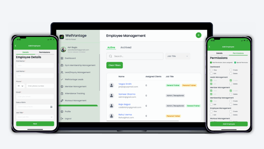 WellVantage admin — employee management and automated gym operations on laptop and mobile